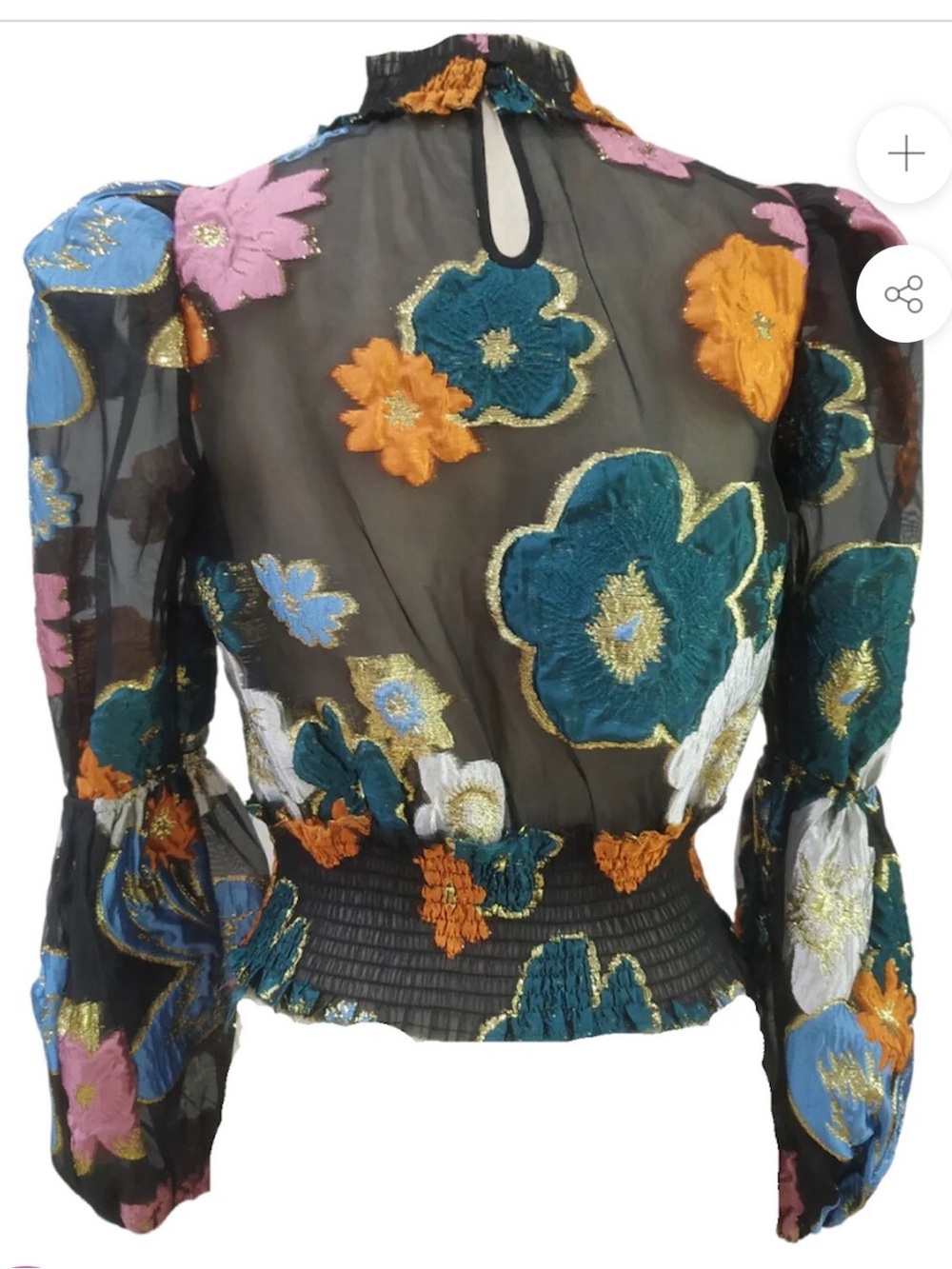 NWT XS $268 THE HOUSE OF PERNA ANNE top blouse MOD FLORAL smocked puff sleeves - Picture 2 of 9